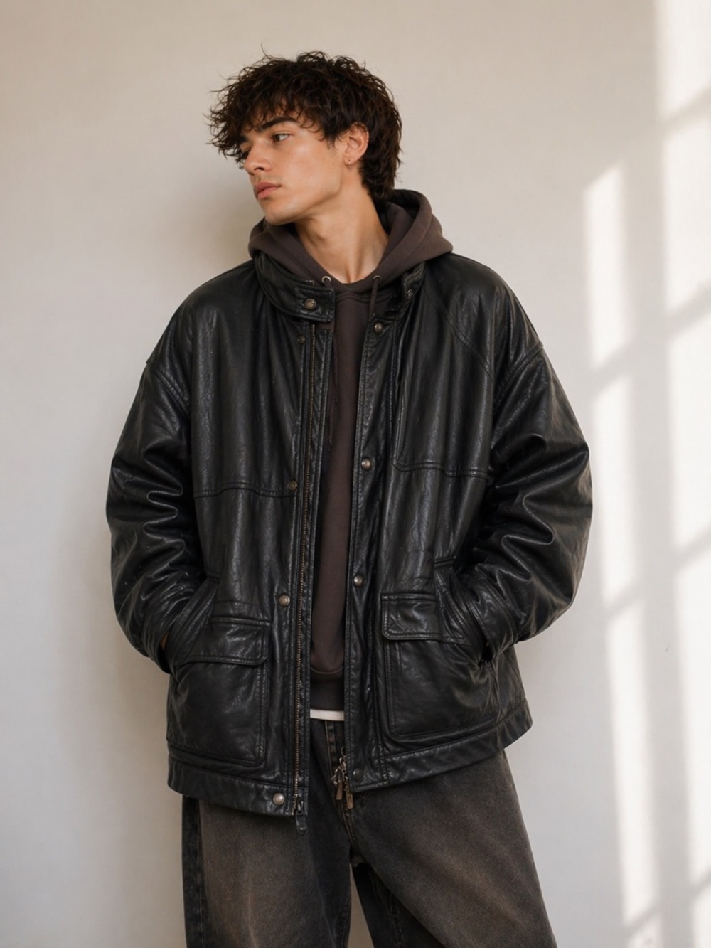 Vintage Stratojac Black Leather Jacket XL Oversized 90s